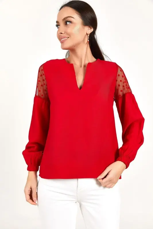 Kadın Kırmızı V YAKA KOLU TÜLLÜ BALONLU BLUZ ARM-20K001038-Kırmızı - 2