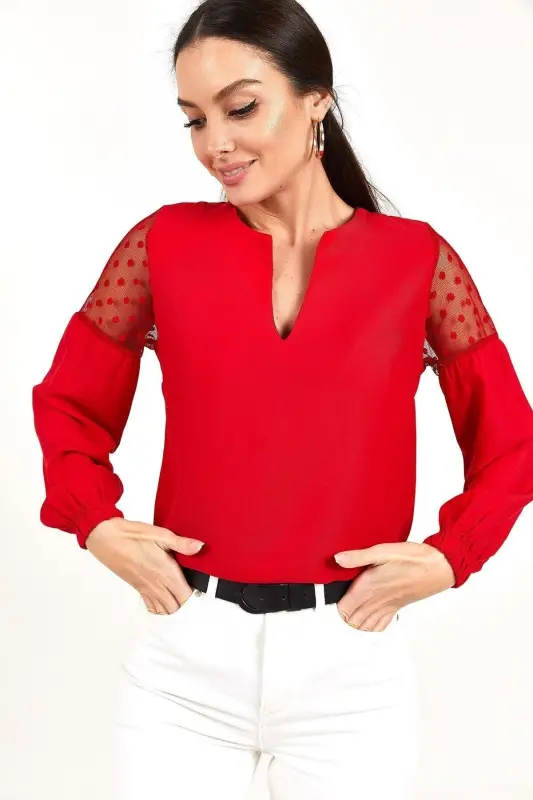 Kadın Kırmızı V YAKA KOLU TÜLLÜ BALONLU BLUZ ARM-20K001038-Kırmızı - 3