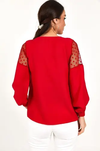 Kadın Kırmızı V YAKA KOLU TÜLLÜ BALONLU BLUZ ARM-20K001038-Kırmızı - 4