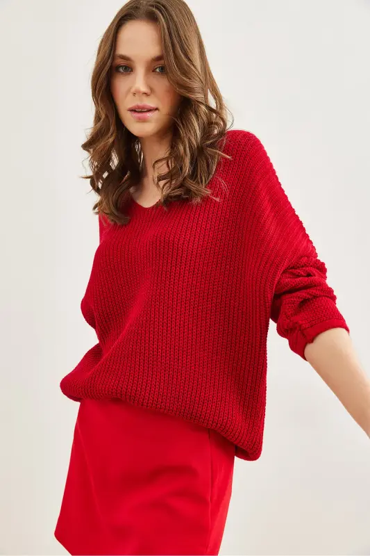 Kadın Kırmızı V Yaka Selanik Örgü Oversize Triko Tunik TNK-19000081-Kırmızı - 4
