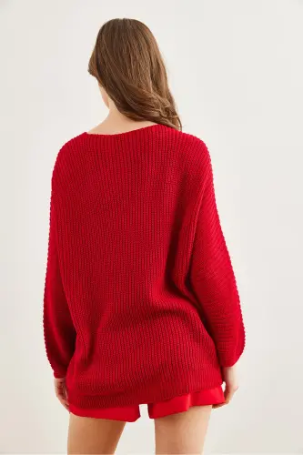 Kadın Kırmızı V Yaka Selanik Örgü Oversize Triko Tunik TNK-19000081-Kırmızı - 6
