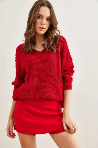 Kadın Kırmızı V Yaka Selanik Örgü Oversize Triko Tunik TNK-19000081-Kırmızı - OLALOOK (1)