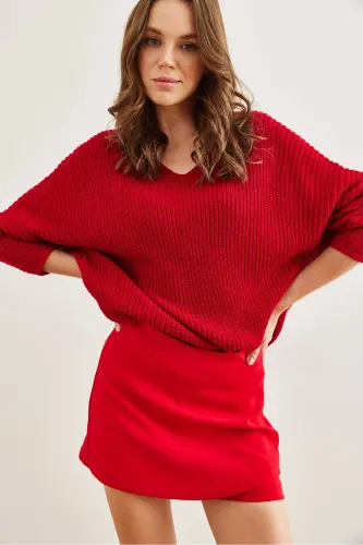 Kadın Kırmızı V Yaka Selanik Örgü Oversize Triko Tunik TNK-19000081-Kırmızı - 3