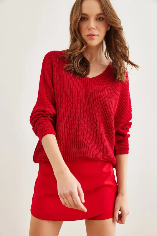 Kadın Kırmızı V Yaka Selanik Örgü Oversize Triko Tunik TNK-19000081-Kırmızı - OLALOOK