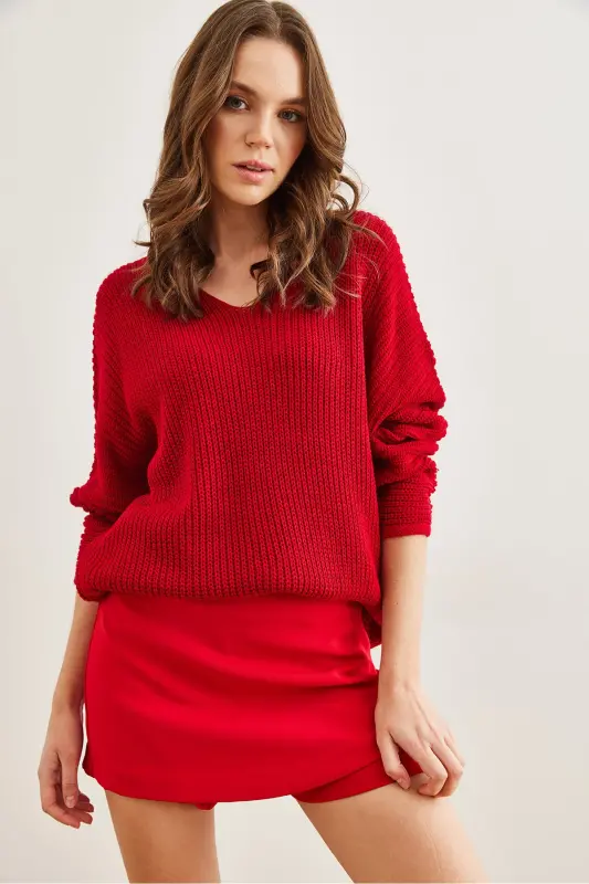 Kadın Kırmızı V Yaka Selanik Örgü Oversize Triko Tunik TNK-19000081-Kırmızı - 2