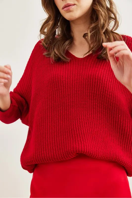 Kadın Kırmızı V Yaka Selanik Örgü Oversize Triko Tunik TNK-19000081-Kırmızı - 5