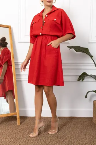 Kadın Kırmızı Yarasa Kol Cepli Beli Lastikli Elbise ARM-23Y001076-Kırmızı - ARMONIKA (1)