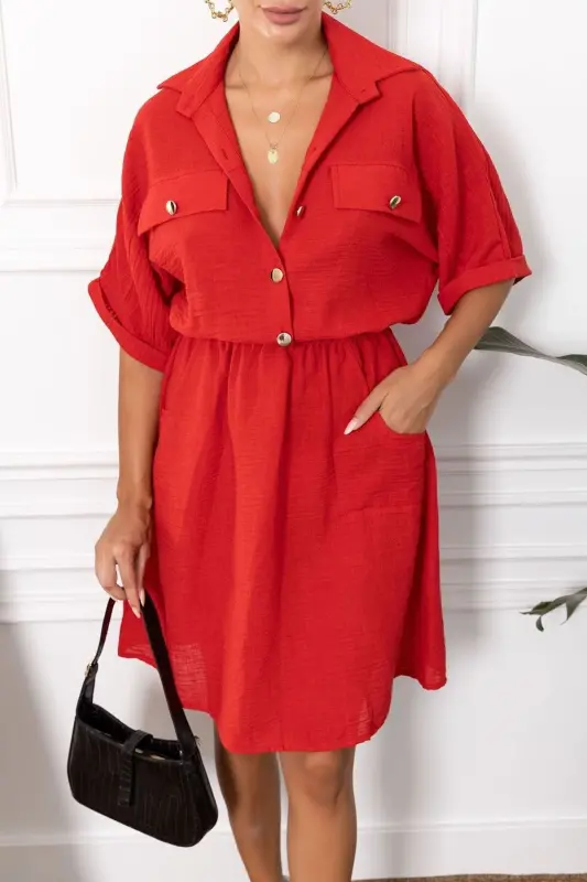 Kadın Kırmızı Yarasa Kol Cepli Beli Lastikli Elbise ARM-23Y001076-Kırmızı - 1