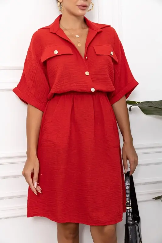 Kadın Kırmızı Yarasa Kol Cepli Beli Lastikli Elbise ARM-23Y001076-Kırmızı - 3