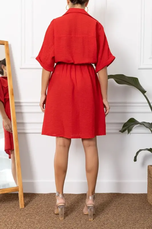 Kadın Kırmızı Yarasa Kol Cepli Beli Lastikli Elbise ARM-23Y001076-Kırmızı - 4