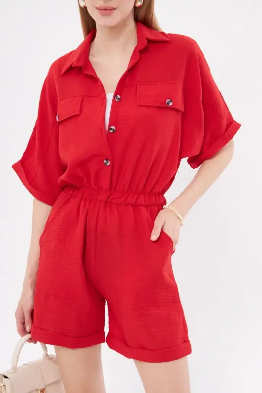 Kadın Kırmızı Yarasa Kol Cepli Beli Lastikli Şortlu Tulum ARM-23Y001075-Kırmızı - 2