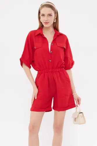 Kadın Kırmızı Yarasa Kol Cepli Beli Lastikli Şortlu Tulum ARM-23Y001075-Kırmızı - 3