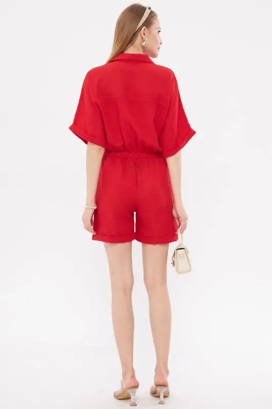 Kadın Kırmızı Yarasa Kol Cepli Beli Lastikli Şortlu Tulum ARM-23Y001075-Kırmızı - 4