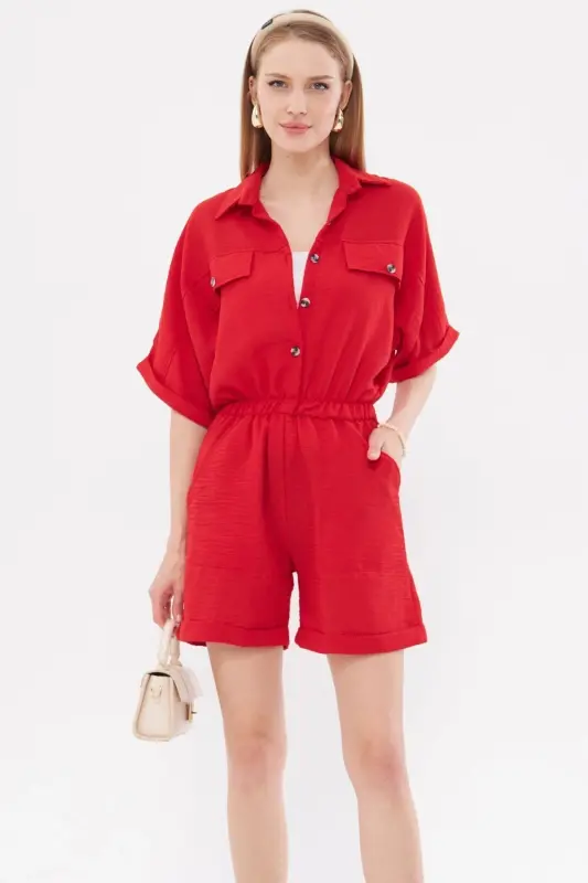 Kadın Kırmızı Yarasa Kol Cepli Beli Lastikli Şortlu Tulum ARM-23Y001075-Kırmızı - 1