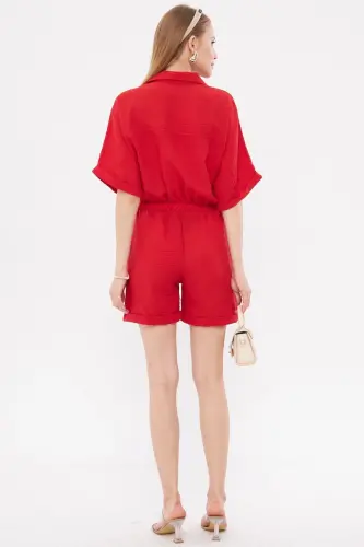 Kadın Kırmızı Yarasa Kol Cepli Beli Lastikli Şortlu Tulum ARM-23Y001075-Kırmızı - 4