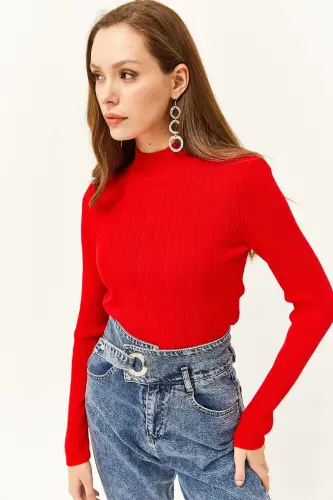 Kadın Kırmızı Yarım Balıkçı Zikzak Dokulu Yumuşak Triko Kazak KZK-19000447-Kırmızı - OLALOOK (1)