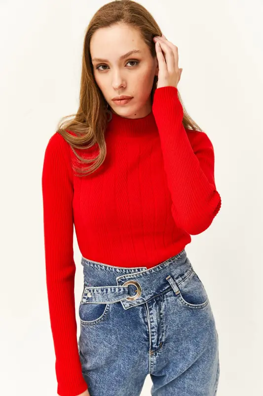 Kadın Kırmızı Yarım Balıkçı Zikzak Dokulu Yumuşak Triko Kazak KZK-19000447-Kırmızı - 3