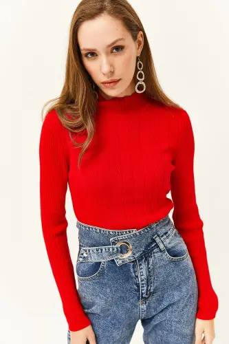 Kadın Kırmızı Yarım Balıkçı Zikzak Dokulu Yumuşak Triko Kazak KZK-19000447-Kırmızı - 4
