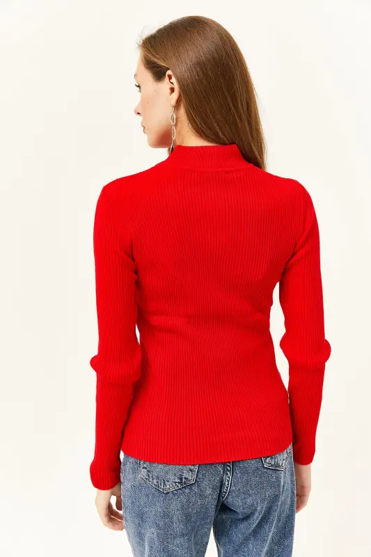 Kadın Kırmızı Yarım Balıkçı Zikzak Dokulu Yumuşak Triko Kazak KZK-19000447-Kırmızı - 5