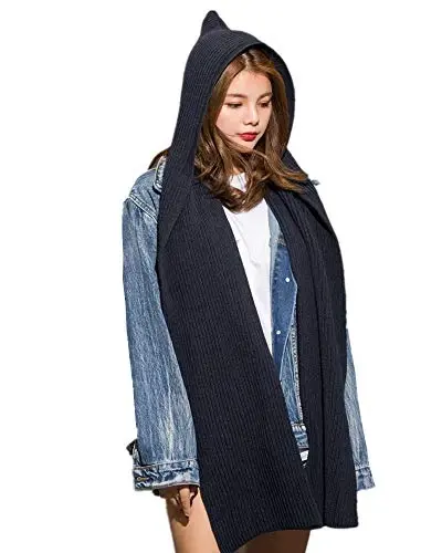 Women Winter 3 in 1 Hooded Hat Scarf Wrap Shawl Crochet Knit Pullover Neckwarmer - 1