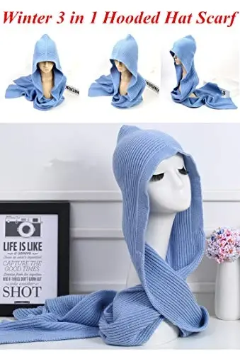 Women Winter 3 in 1 Hooded Hat Scarf Wrap Shawl Crochet Knit Pullover Neckwarmer - 3