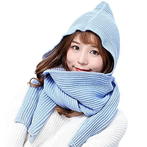 Women Winter 3 in 1 Hooded Hat Scarf Wrap Shawl Crochet Knit Pullover Neckwarmer 