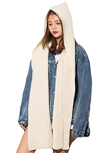 Women Winter 3 in 1 Hooded Hat Scarf Wrap Shawl Crochet Knit Pullover Neckwarmer 