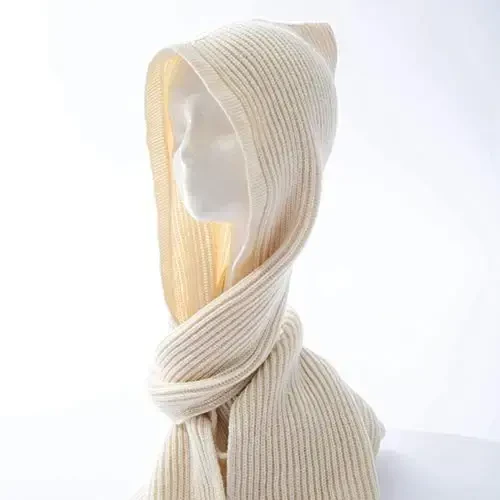 Women Winter 3 in 1 Hooded Hat Scarf Wrap Shawl Crochet Knit Pullover Neckwarmer - 2