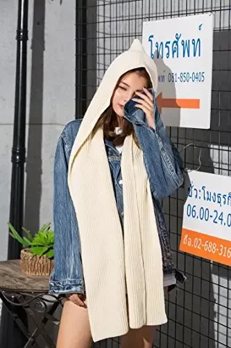 Women Winter 3 in 1 Hooded Hat Scarf Wrap Shawl Crochet Knit Pullover Neckwarmer - 3