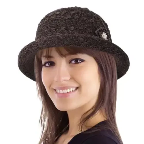 Women Winter Knit 1920s Vintage Bucket Bowler Hat Round Brim Warm Hat - WOMEN