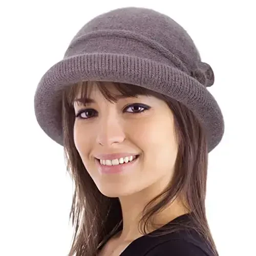 Women Winter Knit 1920s Vintage Bucket Bowler Hat Round Brim Warm Hat - WOMEN