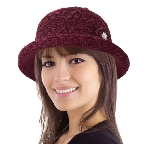 Women Winter Knit 1920s Vintage Bucket Bowler Hat Round Brim Warm Hat - 1