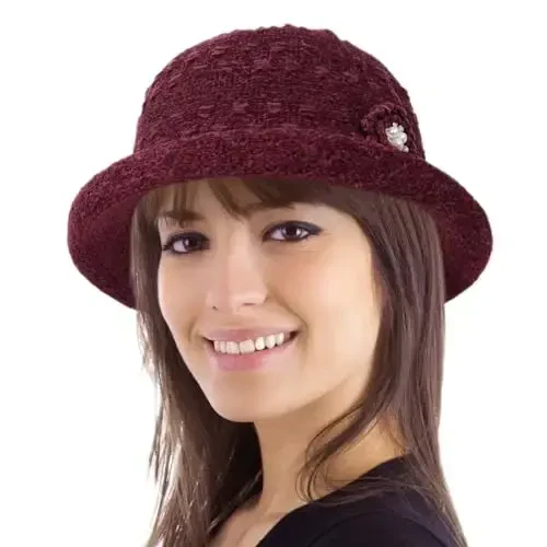 Women Winter Knit 1920s Vintage Bucket Bowler Hat Round Brim Warm Hat 