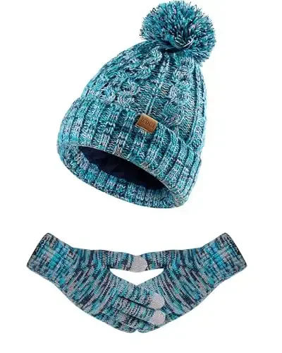 Women Winter Knit Warm Hat Beanie Gloves Set Pom Fleece Lined Hat with Touchscreen Gloves 