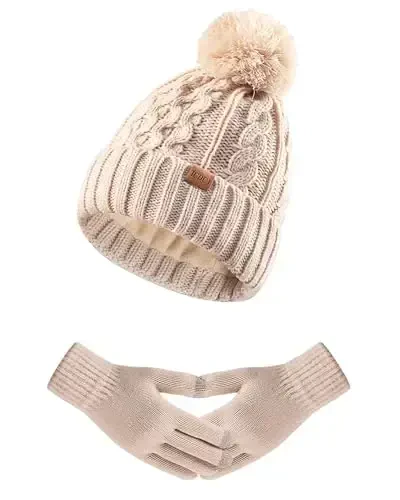 Women Winter Knit Warm Hat Beanie Gloves Set Pom Fleece Lined Hat with Touchscreen Gloves - 1