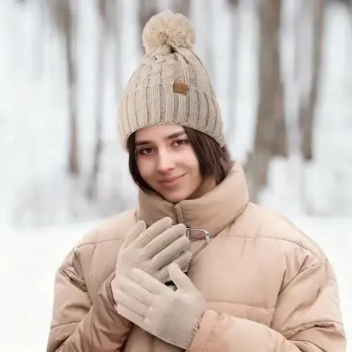 Women Winter Knit Warm Hat Beanie Gloves Set Pom Fleece Lined Hat with Touchscreen Gloves - 6