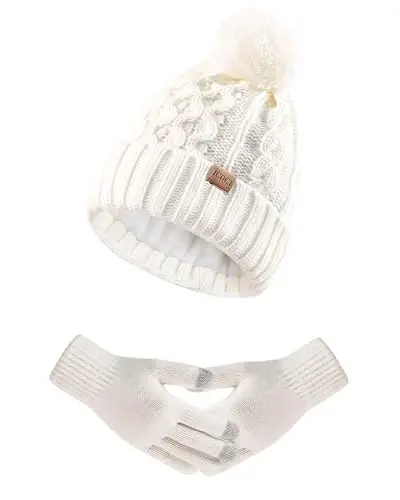 Women Winter Knit Warm Hat Beanie Gloves Set Pom Fleece Lined Hat with Touchscreen Gloves 