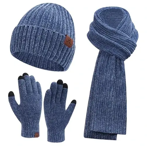 Womens Winter Knit Warm Hat Beanie Long Scarf Touch Screen Gloves Set Skull Caps Neck Scarves for Women 