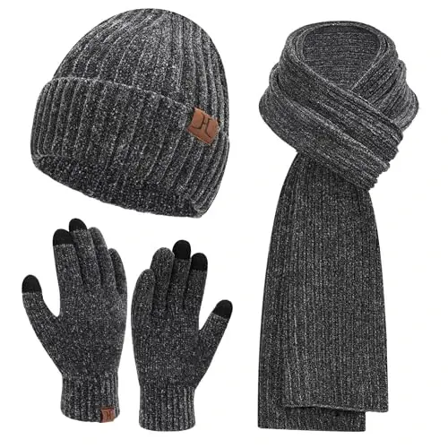 Womens Winter Knit Warm Hat Beanie Long Scarf Touch Screen Gloves Set Skull Caps Neck Scarves for Women 