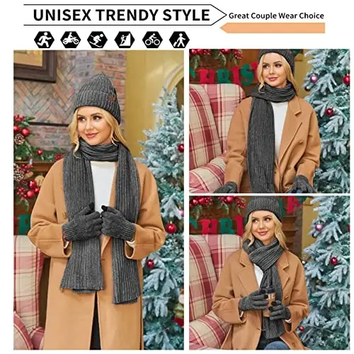 Womens Winter Knit Warm Hat Beanie Long Scarf Touch Screen Gloves Set Skull Caps Neck Scarves for Women - 5