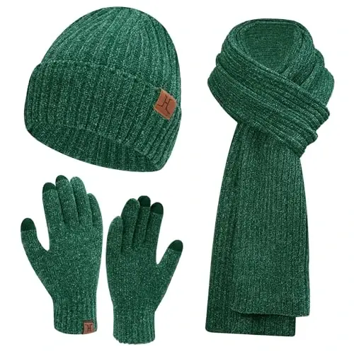 Womens Winter Knit Warm Hat Beanie Long Scarf Touch Screen Gloves Set Skull Caps Neck Scarves for Women - 1