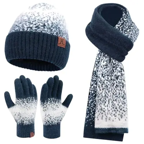 Womens Winter Knit Beanie Hats and Touchscreen Gloves Long Scarf Set with Warm Fleece Lined Skull Caps Scarves for Women - 1