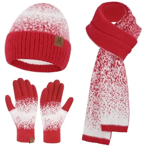 Womens Winter Knit Beanie Hats and Touchscreen Gloves Long Scarf Set with Warm Fleece Lined Skull Caps Scarves for Women 