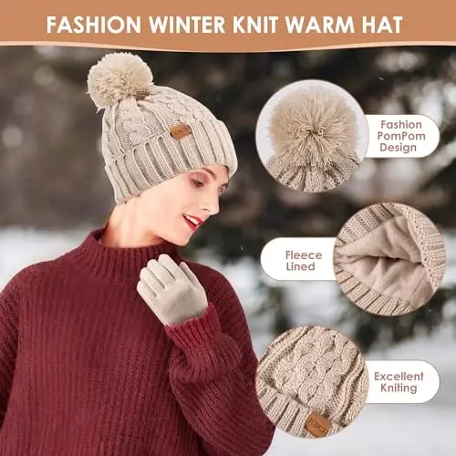 Kadın Kış Örme Sıcak Şapka Bere Eldiven Seti Ponponlu Polar Astarlı Şapka ve Dokunmatik Ekran Eldivenleri - 1
