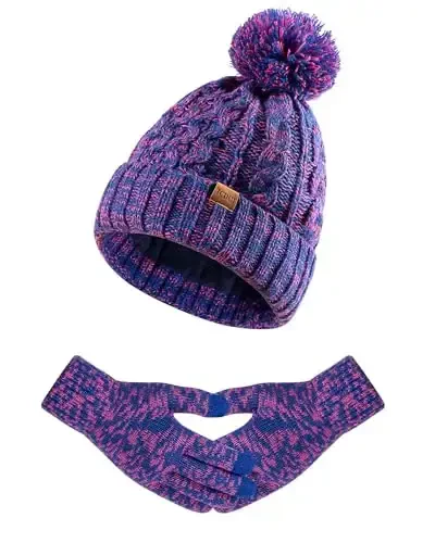 Women Winter Knit Warm Hat Beanie Gloves Set Pom Fleece Lined Hat with Touchscreen Gloves 