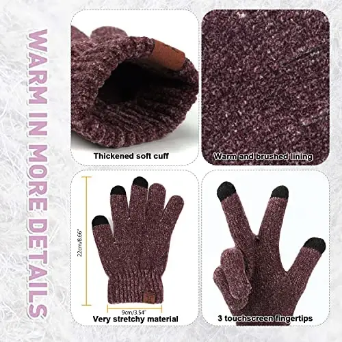 Womens Winter Knit Warm Hat Beanie Long Scarf Touch Screen Gloves Set Skull Caps Neck Scarves for Women - 4