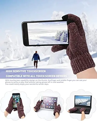 Womens Winter Knit Warm Hat Beanie Long Scarf Touch Screen Gloves Set Skull Caps Neck Scarves for Women - 3