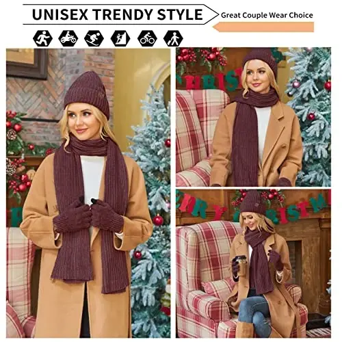 Womens Winter Knit Warm Hat Beanie Long Scarf Touch Screen Gloves Set Skull Caps Neck Scarves for Women - 5