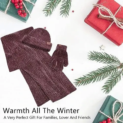 Womens Winter Knit Warm Hat Beanie Long Scarf Touch Screen Gloves Set Skull Caps Neck Scarves for Women - 6