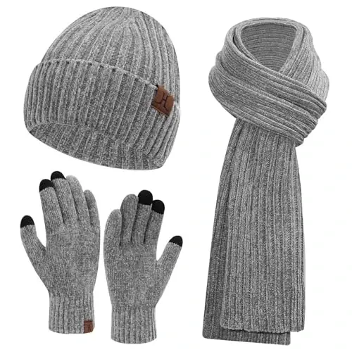 Womens Winter Knit Warm Hat Beanie Long Scarf Touch Screen Gloves Set Skull Caps Neck Scarves for Women 
